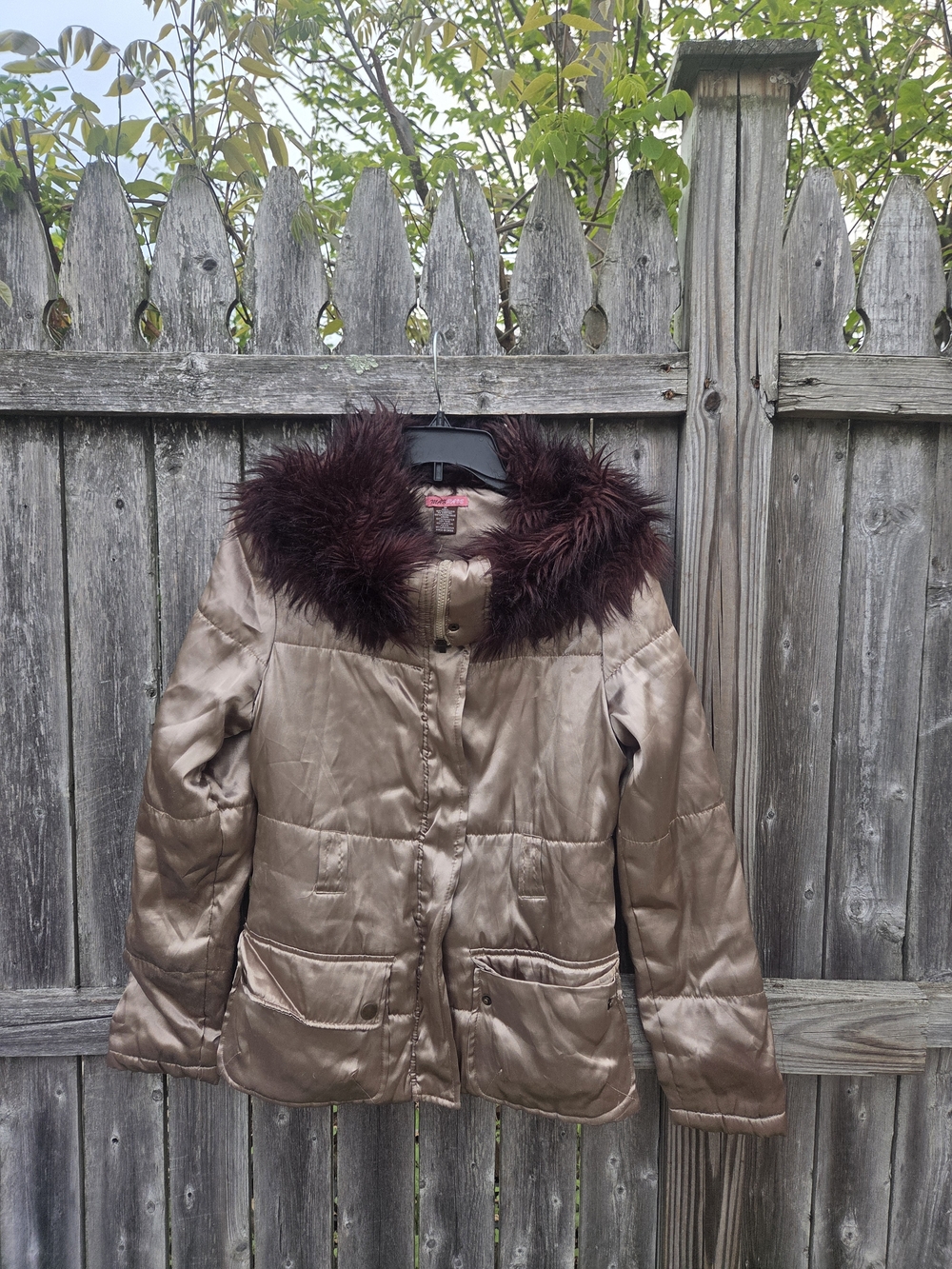 Max Rave Taupe Satin Puffer Jacket with Burgundy Faux Fur Collar